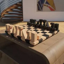 Stylish 3D-rendered chess set with unique pieces on a checkered board, Blender-created, ideal for modern game design.