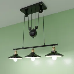 "Industrial hanging lamp with adjustable lever for height, reminiscent of Victorian England style. Created with Blender 3D, featuring black and green laquer and steel design from the 1920s. High-quality topical render with Directoire influence. Upcycled and mechanical in design."