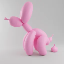 "Get playful with this modern sculpture of a pink balloon dog, featuring dynamic forms and a broken tail. Inspired by Sarah Lucas and Charles Schulz, this Blender 3D model brings a touch of clownish charm with its unique pooping feature. Physically based rendering and 8k resolution make this a top choice for toy enthusiasts and art lovers alike."