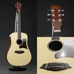 Highly detailed Little Trunk acoustic guitar 3D model with procedural textures, suitable for Blender Eevee or Cycles rendering.