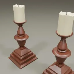 Detailed wooden 3D candlestick model with textured wax candles, designed in Blender for bed decor.