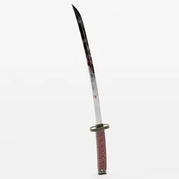 "Highly detailed historic military 3D model of a Katana samurai sword with gold details and blood stains, including its scabbard. Created with Blender 3D software by Miyagawa Shunsui, this anime-style weapon is a tribute to the Metropolitan Museum Collection and the popular anime series Samurai Champloo."
