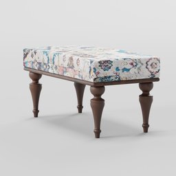 "Turkish Rug Bench with Wood Legs - 3D Model for Blender 3D - Upholstered Pouf Furniture with Floral Design and Mauve/Cyan Colors."