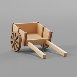 "Low poly wooden wain game asset in Blender 3D for old west or siege scenarios. Realistic physical rendering, six sided with wheels, perfect for mobile learning app prototype."