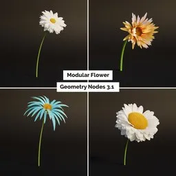 Detailed 3D flower models with procedural textures using Blender's Geometry Nodes, showcasing versatility in digital flora.
