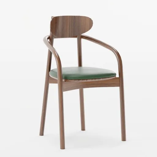 High-quality 3D render of a stylish wood armchair with a plush green cushion, ideal for modern interior scenes in Blender.