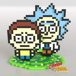 Detailed voxel art of Rick and Morty characters standing on a green base, depicting vibrant and intricate pixel design.