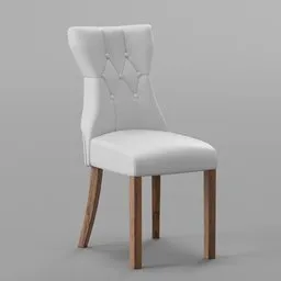 Elegant 3D-modeled tufted white faux leather bar chair with wooden legs, ideal for interior design renders in Blender 3D.