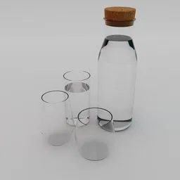 "Highly-detailed 3D model of an Ikea carafe and glasses set, perfect for Blender 3D. Includes three small square glasses and a bottle filled with clear liquid. Created by Ernő Bánk and Nōami, with realistic textures and lighting effects."