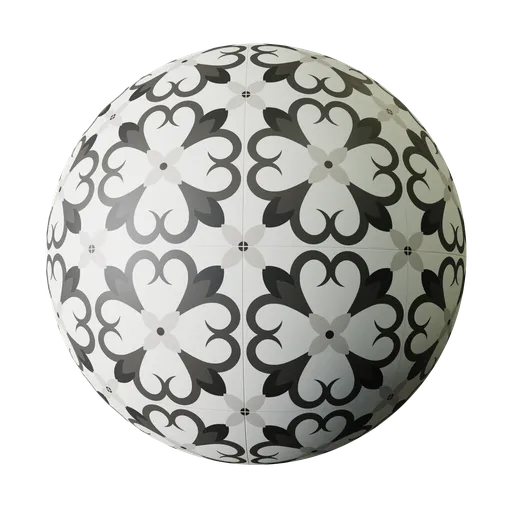 High-quality PBR ceramic floor material with black and white pattern, seamless tiling for 3D Blender projects.