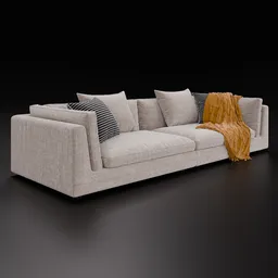 Detailed 3D render of a fabric sofa with cushions and throw, compatible with Blender 4.0, versatile for interior design.