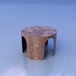 "Blocks Coffee Table: A circular coffee table made out of wood blocks with a fine grain texture, sitting on a mocha-colored table. This 3D model was designed in Blender 3D and is perfect for furniture magazine or home decor projects."