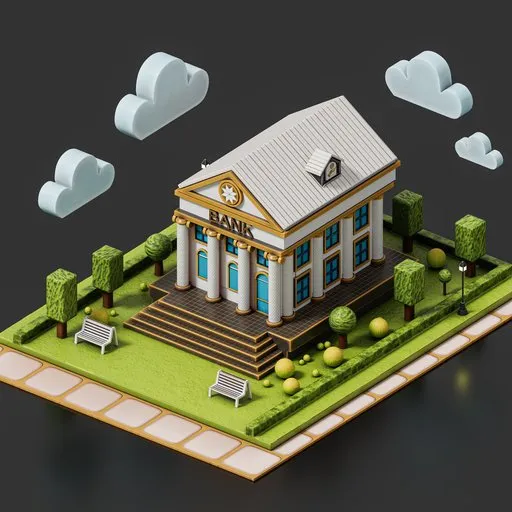 Detailed anime-style 3D bank model with trees, grass, bench, street lamp, and clouds for Blender rendering.