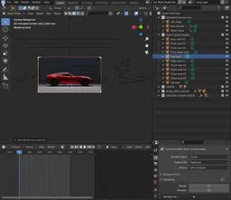 Detailed Blender 3D indoor scene with a red car model, showcasing toolbars and 3 animated elements.