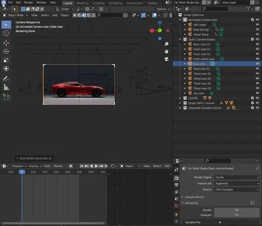 Detailed Blender 3D indoor scene with a red car model, showcasing toolbars and 3 animated elements.