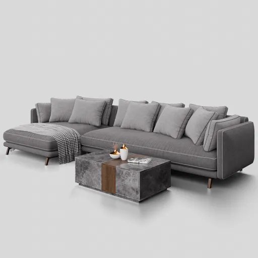 Detailed Blender 3D model of contemporary sectional fabric sofa with matching coffee table and minimalist decorations.