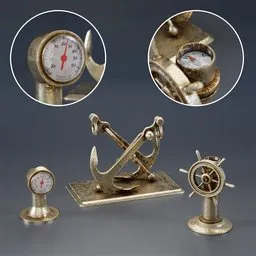 "Marine themed desk set for Blender 3D featuring a brass letter holder, thermometer and compass. PBR textures and UV mapping included for each model. Perfect for creating realistic marine-themed scenes and projects."
