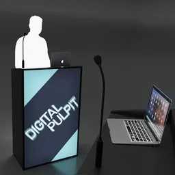 "Add a touch of professionalism to your audio scene with a digital pulpit 3D model for Blender 3D. Featuring a laptop, desktop computer, and standing microphones, this model is perfect for showcasing your audio products. Impress your audience with 4K rendering and a detailed anthropomorphic silhouette in HD image quality."