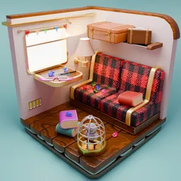 Detailed 3D model of fantasy train compartment with textured seating, luggage, an owl cage, and vibrant floor design.