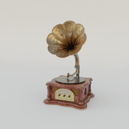 "Gramophone 3D model for Blender 3D: An antique 1920s-style gramophone on a wooden stand, with realistic cinema 4D rendering. This 3D model captures the essence of vintage audio, including LP and CD details. Perfect for adding a touch of nostalgia to your virtual world or animation projects."