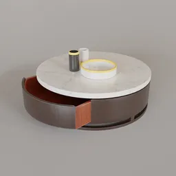 "3D model of a circular center table with a bowl and a cup on top, rendered in mirabel madrigal, featuring ivory and black marble, yellow aureole, and rust and plaster materials. This high-detail model, created by Alfred Manessier, showcases brown wood cabinets, an inner ring, and an architectural section, trending on Artstation and rendered in Blender 3D with Indigo Renderer."