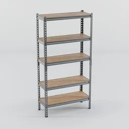 Detailed 3D model of a multi-tier metal storage shelf, ideal for organizing tools and items in 3D scenes.