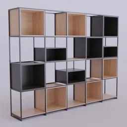 Detailed 3D render of a modern metal-framed shelf with contrasting wood sections, ideal for office storage in Blender 3D.