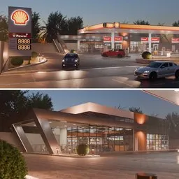 Detailed 3D render of a Shell gas station scene with vehicles and foliage, created in Blender.