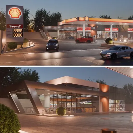 Detailed 3D render of a Shell gas station scene with vehicles and foliage, created in Blender.