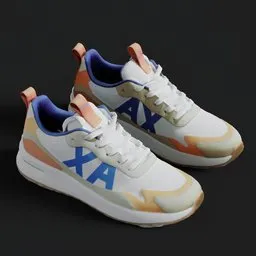 "Get high-quality 3D Armani Exchange sneakers model for Blender 3D with realistic textures. Perfect for AR/VR and gaming projects, this highly-detailed footwear is inspired by Xia Gui and Alexander Milne Calder. Bring modern elegance to your digital projects and renderings with this stunning model."