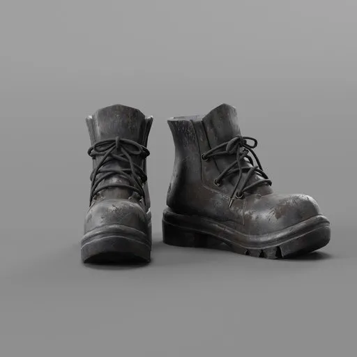 Realistic textured 3D model of black leather boots with details, shaders, and maps, optimized for Blender and CGI projects.