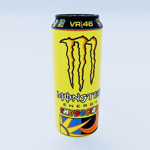 Highly detailed Blender 3D model of a yellow Monster Energy drink can with VR46 branding.