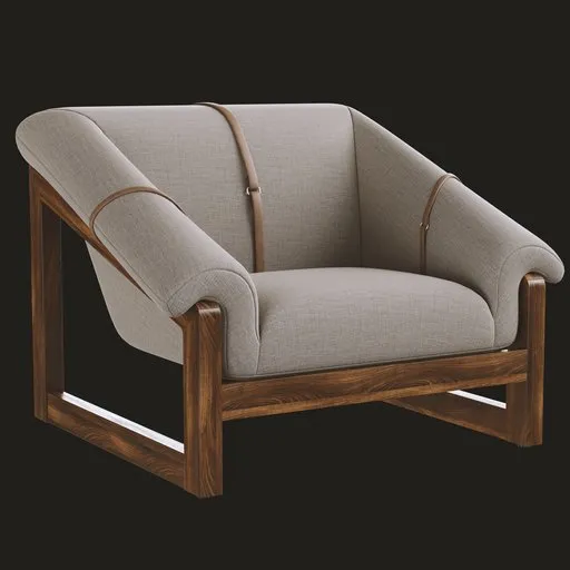 Detailed 3D model of a beige upholstered chair with wooden frame, designed for modern interior renderings in Blender.