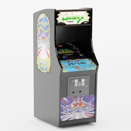 "Coin-op Arcade Game Cabinet Galaga: a detailed, PBR model for Blender 3D, resembling a hacked-together arcade cabinet inspired by LeRoy Neiman, Arlington Nelson Lindenmuth, and Laurie Lipton. This 3D model showcases a small cartoon character on an authentic recreation of a Galaga coin-operated arcade cabinet from 1981, painted in Substance 3D and featuring both 2K textures and non-PBR materials for the screen protector, joystick, and buttons."