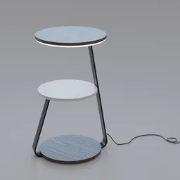 Walnut and metal 3D modeled floor lamp table with illuminated tabletop suitable for Blender renderings.