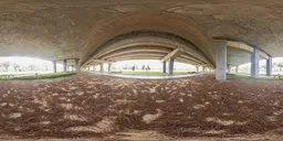 360-degree HDR panorama under a viaduct with scattered dry pine needles and grassy edges, suitable for realistic lighting in 3D scenes.