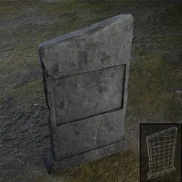 Low-poly Blender 3D tombstone model for game asset with texture details and mesh preview.