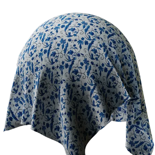High-resolution PBR blue floral pattern on white flannel fabric texture for 3D Blender materials.