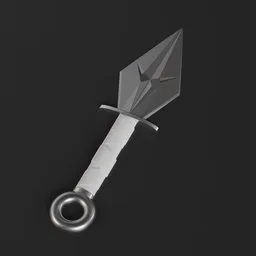 "Kunai- Basic Ninja Weapon - Historic Military 3D Model for Blender 3D. This monochrome 3D model features a large knife with a metal handle on a black background. Inspired by Kanō Sansetsu, it is a versatile weapon for both close combat and long-range throwing."