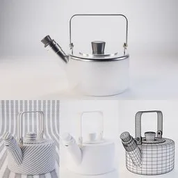 "3D model of IKEA Metallisk Kettle for Blender 3D - kitchen appliance category. Rendered in V-ray with silver accessories and available in four types. Created by Henriett Seth F. using generative adversarial network and rendered in Nvidia's Omniverse."