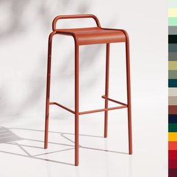 "Red Fermob Luxembourg bar stool from the outdoor furniture category, recreated in detail with Blender 3D software. Designed by Frédéric Sofia, this nonbinary model features a tall and thin frame with six available colors, including a complementary color. Includes a swatch from the Fermob color chart."