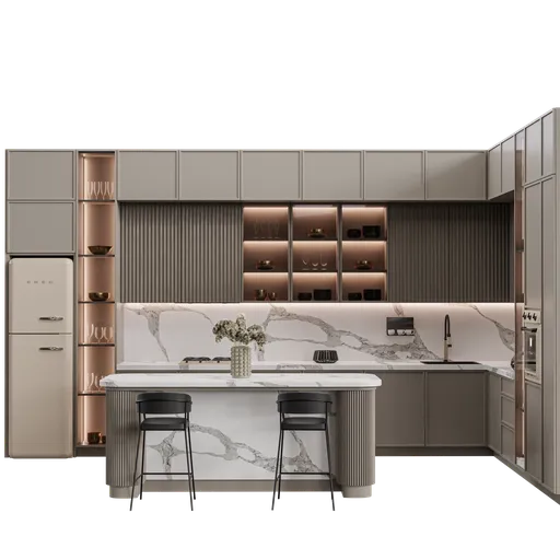 Realistic Blender 3D kitchen model with appliances, marble countertop, and bar stools in centimeters, rendered with Cycles.
