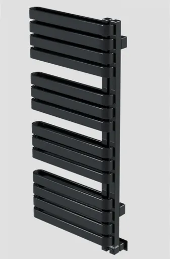 Detailed 3D-rendered black towel radiator model for Blender with a realistic design and textures.