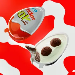 Realistic 3D-rendered Kinder Joy egg with spill simulation on a vivid red and white background.