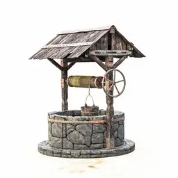 "High-resolution 3D model of an old water well with a wooden roof and wheel, perfect for Blender 3D. This exterior-other category model showcases a well-crafted stone structure complemented by rustic wood elements. Ideal for adding detailed realism to your Blender projects, whether it's for architectural renderings or game environments."