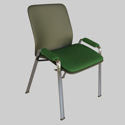 "Green metal-framed chair with a comfortable green seat suitable for office or any other room. Ideal for healthcare workers and military-inspired interior designs. Created using Autodesk 3D rendering and available as a new release on BlenderKit."