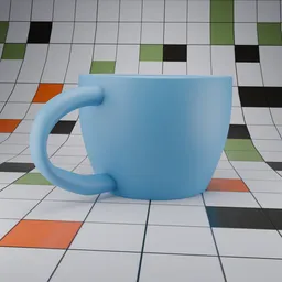 Soft blue 3D modeled cup with handle, Blender 3D render for home/cafe design visualization.