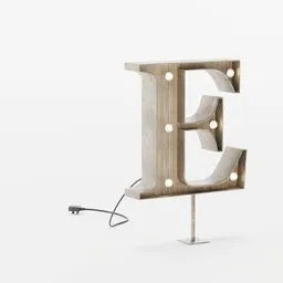 3D Blender model of a retro marquee light in shape of letter E with illuminated bulbs and power cord.