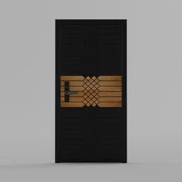 "Polynesian-style wooden panel Interior Door with black metal and brass beak details, perfect for precisionist designs. Features an electric handle and symmetrical doorway. 3D model created in Blender 3D in 2019."