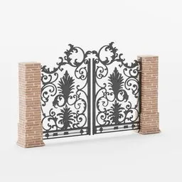 Intricately designed 3D model of a wrought-iron gate with brick pillars for Blender modeling projects.